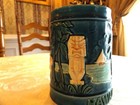 Vintage Large Souvenir Blue Hawaii Tiki Mug Pink Hibiscus Palm Trees Japan