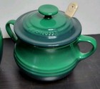 Le Creuset Cream   Sugar Green Stoneware Pitcher Bowl Jam Pot W spoon Rare