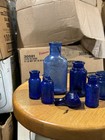 7 Antique 1920s Cobalt Blue Bottles Bromo Seltzer Milk Of Magnesia Eye Wash Cup