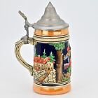 Original Vintage Signed German Ceramic Hand Painted Glazed Pewter Lid Beer Stein
