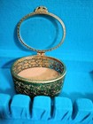 Vintage Filigree Ormolu  Oval Casket Jewelry Box  Beveled Glass 4 5x3 5 X 3 