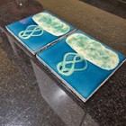 Two Antique Embossed Majolica Fireplace Tiles Aqua Flower Cleveland C1905 Rare