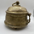 Antique Hammered Brass Indian Betel Nut Pandan Box Caddy With Lid Tri-footed