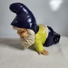 Vintage 1970 s Hand Painted Ceramic Kneeling On Hands Garden Gnome Purple Green