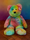 Ty Beanie Buddy Peace Bear  Large Tie Dye Vivid Rainbow Bear  Mint Condition 