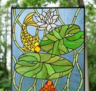 20  X 33 75  Fish Play W  Lotus Tiffany Style Stained Glass Window Panel Hf102