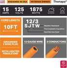 10 Ft Lighted Outdoor Extension Cord - 12 3 Heavy Duty Orange Cable-3 Prong Plug
