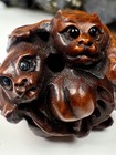 Antique Japanese Hand Carved Boxwood Netsuke Two Bats Signed Masakazu Edo