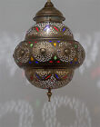 Antique Brass Moroccan Pendant Lamp With Coloured Glass Inserts