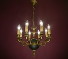 Empire Chandelier Animal Figures 6 Lights Brass Dark Green Lacquer French 1970s
