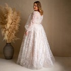 Plus Size Lace Wedding Dresses Applique Puff Sleeves V Neck A Line Bridal Gowns