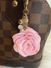 Pink Rose Flower Bag Charm Keychain Key Ring Car Charm Gold Heart Clasp Clip