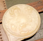 Vtg Antique Art Nouveau Repousse Lady Yellow Translucent Hand Vanity Mirror