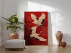 Japanese Crane Poster     Red   Gold Oriental Bird Wall Art For Elegant Home Decor