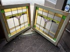 Pair Antique Arts   Crafts Prairie Style Stained Leaded Glass Windows 28  X 25 