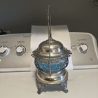 Antique Sugar Bowl  Spooner Blue Glass Thumbnail Pattern  Ornate Silver Holder 