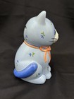 Vintage Otagiri Japan Blue Ceramic Cat Coin Piggy Bank Floral Hand Crafted