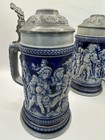 Pair Of Antique Westerwald German Lidded Beer Steins Salt-glazed Relief Design
