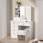 Vanity Dressing Table Jewelry W stool Makeup Set Dreser Desk W mirror   6 Drawer