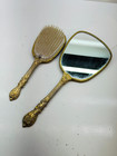 Vintage Vanity Mirror   Hair Brush Set Gold Tone Floral Dresser Vanity