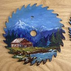 6 5   7    Original Hand Painted Vintage Saw Blade Art Log Cabin Signed 1986 