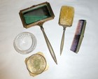 Antique Enameled Art Nouveau 5 Pc Vanity Set Mirror Brush Comb Powder Jar