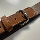 Vtg 80s Womens Brown Woven Elastic Stretch Belt Leather Trim Silver Buckle