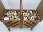 Vintage Sewing Box Wood 3 Tier Accordion Style W  Legs Rare Full Of Contents