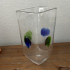 Art Glass Clear Rectangle Flower Vase Cobalt Blue   Green Dot Design Vintage