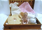 Antique All Bisque German Baby Doll W  Molded Teeth In Inlaid Box With Extras