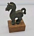 Vintage Bronze Horse Figurine Wood Base Small Animal Statue Collectible