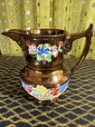 Antique English Copper Lustre Pitcher Raised Enamel Florals   Basket 1820-1840