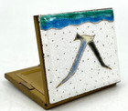 Powder Compact Guilloche Enamel Seagull Sea Scene Brass Finish Wear Vintage