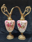 Pair Victorian Antique Hand Painted Floral Decorated Cast Metal Mantel Ewers