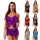 Womens Shiny Sequin Tassel Belly Dance Costume Shiny Crop Top Hip Scarf Set 