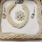 Vtg Silver Tone Faux Pearl 4 Pc  Necklace Ring Earrings Bracelet Jewelry Set