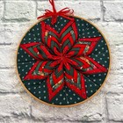Handmade Christmas Folded Fabric Star Wall Hanging Lace Hoop Red Green Quilt