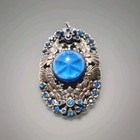 Art Deco Pendant Blue Focal W Rhinestone Accents Silver Tone Pot Metal Floral