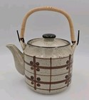 Teapot With Wooden Handle Hand Painted Ceramic 6 Cup Brown Flowers Made In Japan