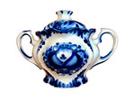 Vintage Gzhel Porcelain Sugar Bowl W  Lid  Handles Hand Painted 4 5  Tall Russia