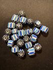 24 Chevrons Striped Glass Beads - Blue -6-8mm Fancy Vintage  b869 
