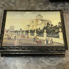 Vintage Fedoskino Signed Black Lacquer Russian Trinket Box Architecture Scenic