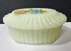 Fenton Uranium Satin Custard Glass Vanity Box Dresser Jar Handpainted Glows