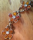 Vtg Amber Thermoset Lucite Flower Link Necklace Goldwash Earrings Rhinestone Set