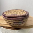 Vintage Multicolor Coil Woven Basket With Lid Oval Storage Basket 13 5x7x2 5