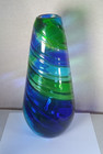 Lg  Art Glass Vase Blue And Green Spiral