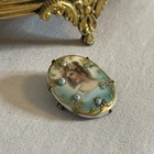 Antique Porcelain Pin Lovely Lady Portrait Hand Painted  Blue Gold Back Lovely