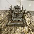 Vintage Double Glass Inkwells With Metal Lids On Metal Brass Tone Stand