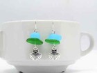 Frosted Blue   Green Sea Glass Beach Stone Pebble Silver Charm Seashell Earrings