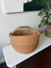 Bolga African Market Basket Large Orange Green  Green Hand Woven Wrapped Handle